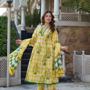 Yellow Floral And Geometric Anarkali Lace-Work Kurta Trouser Dupatta Set