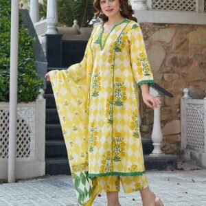 Ellow Floral And Geometric Anarkali Lace Work Kurta Trouser Dupatta Set